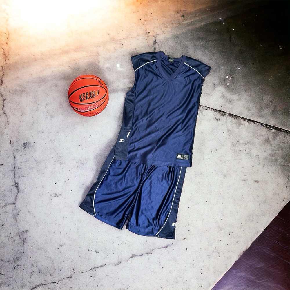 STARTER Vintage Y2K Basketball Jersey and Shorts, Navy Blue Sz M